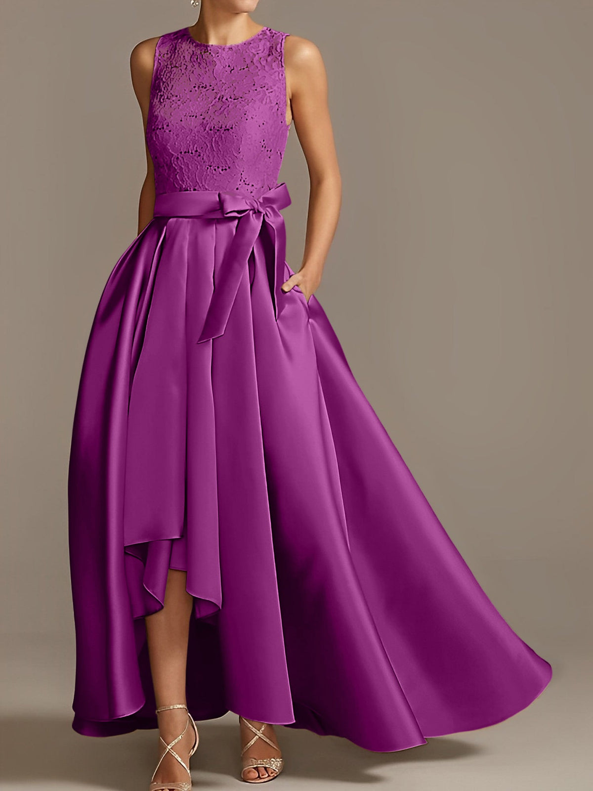 Asymmetrical A Line Sleeveless Mother Of The Bride Dress Jewel Neck Pleats