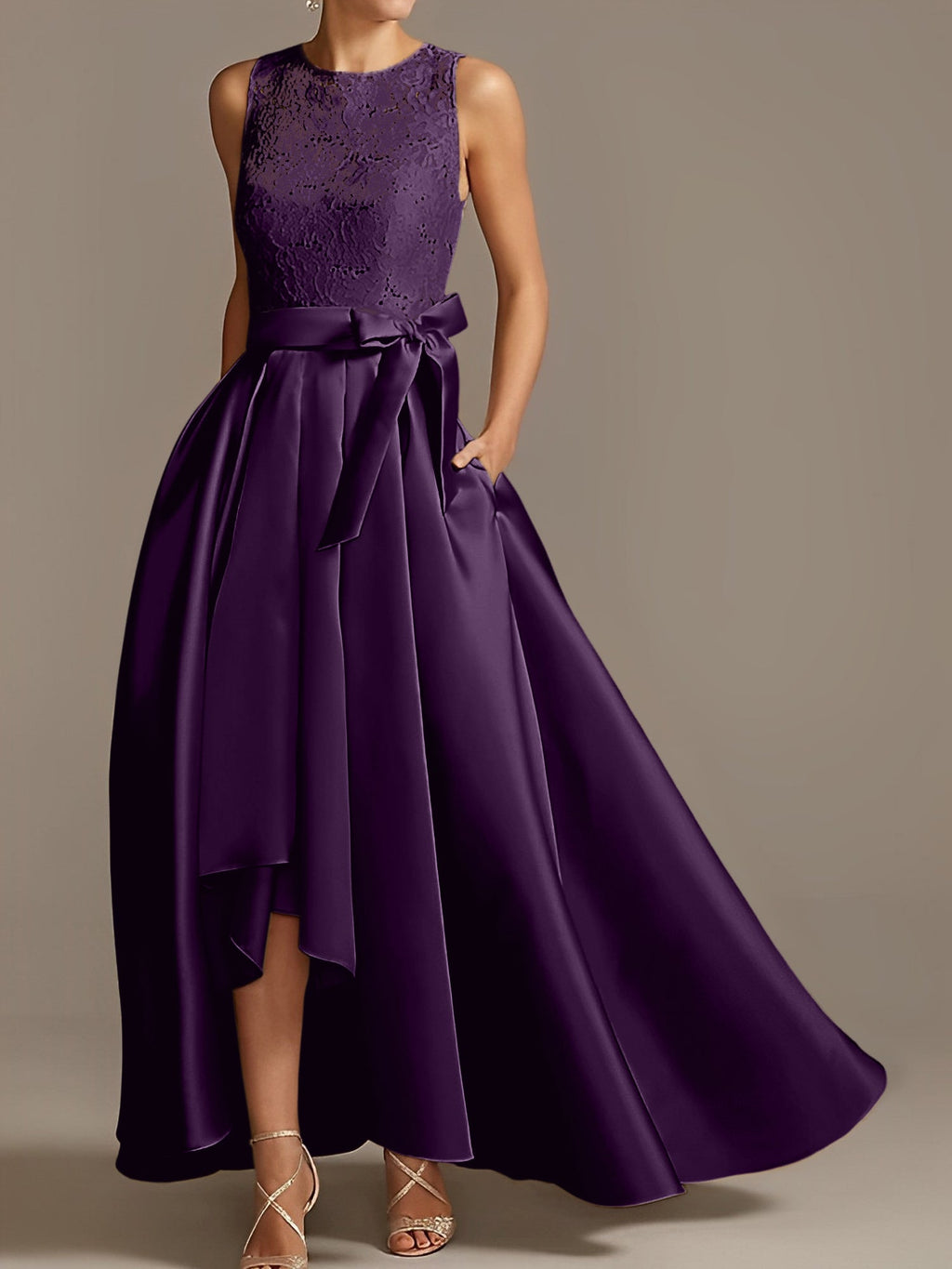 Asymmetrical A Line Sleeveless Mother Of The Bride Dress Jewel Neck Pleats