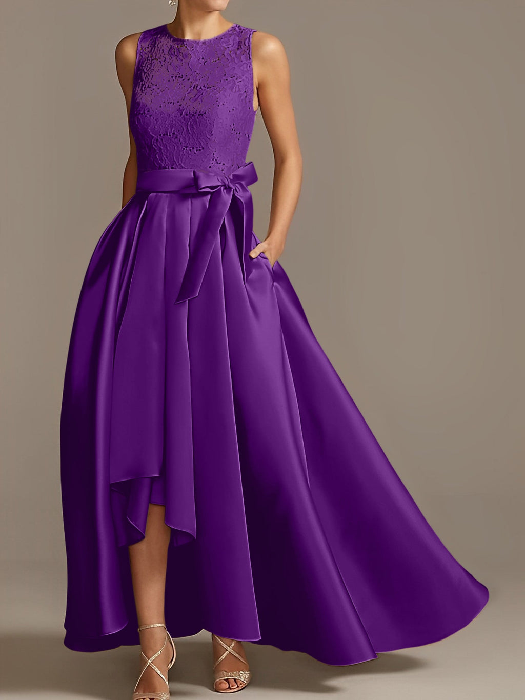 Asymmetrical A Line Sleeveless Mother Of The Bride Dress Jewel Neck Pleats