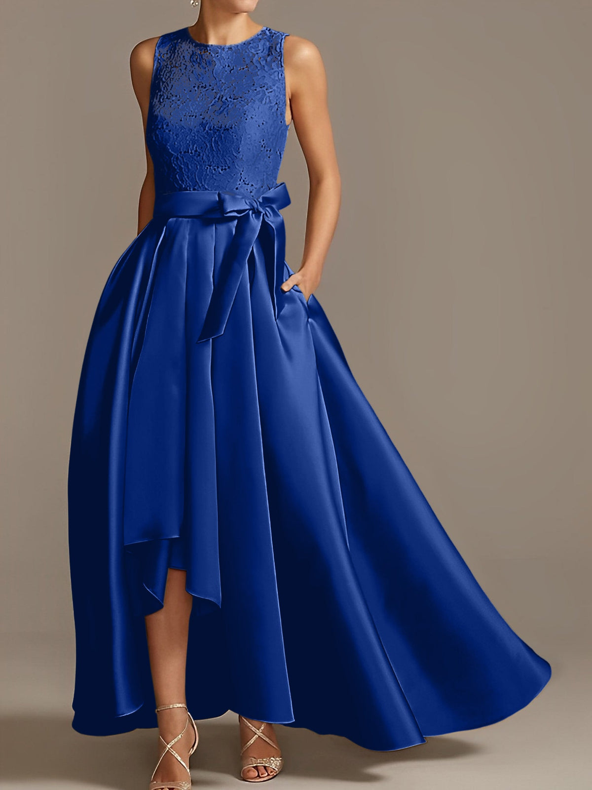 Asymmetrical A Line Sleeveless Mother Of The Bride Dress Jewel Neck Pleats