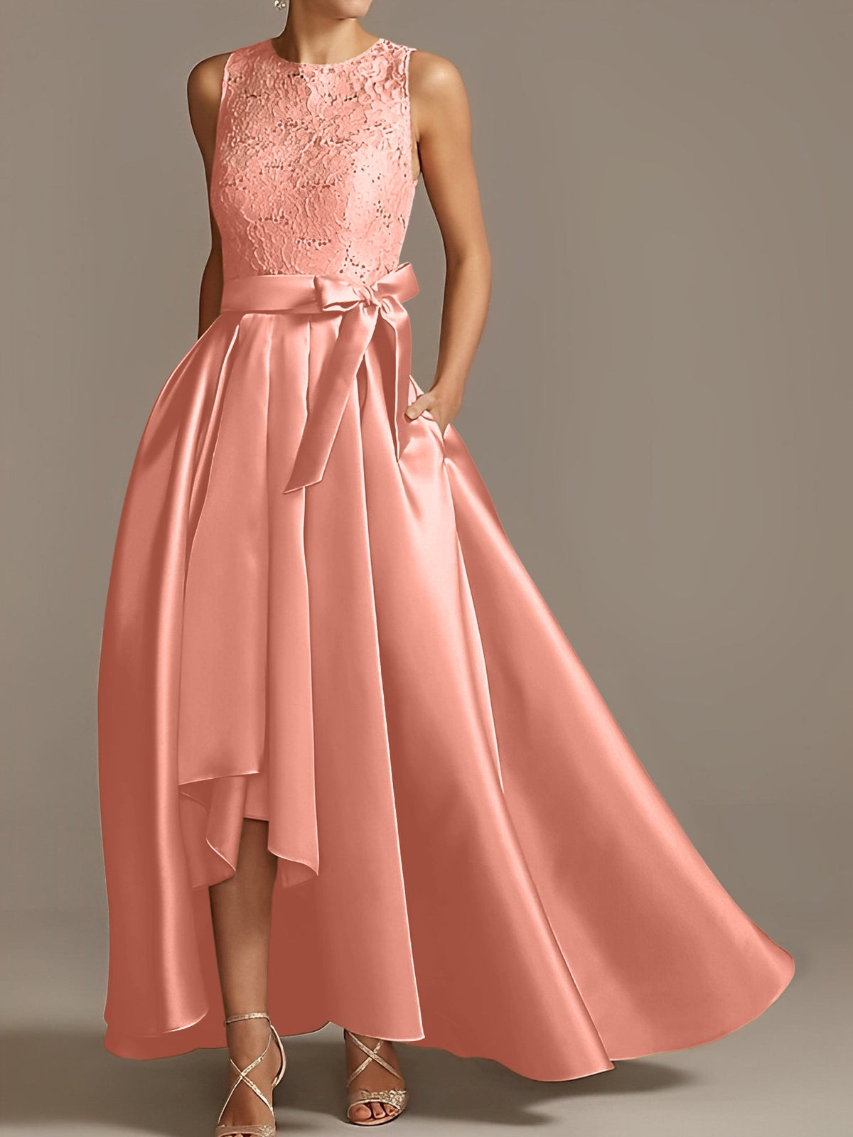 Asymmetrical A Line Sleeveless Mother Of The Bride Dress Jewel Neck Pleats