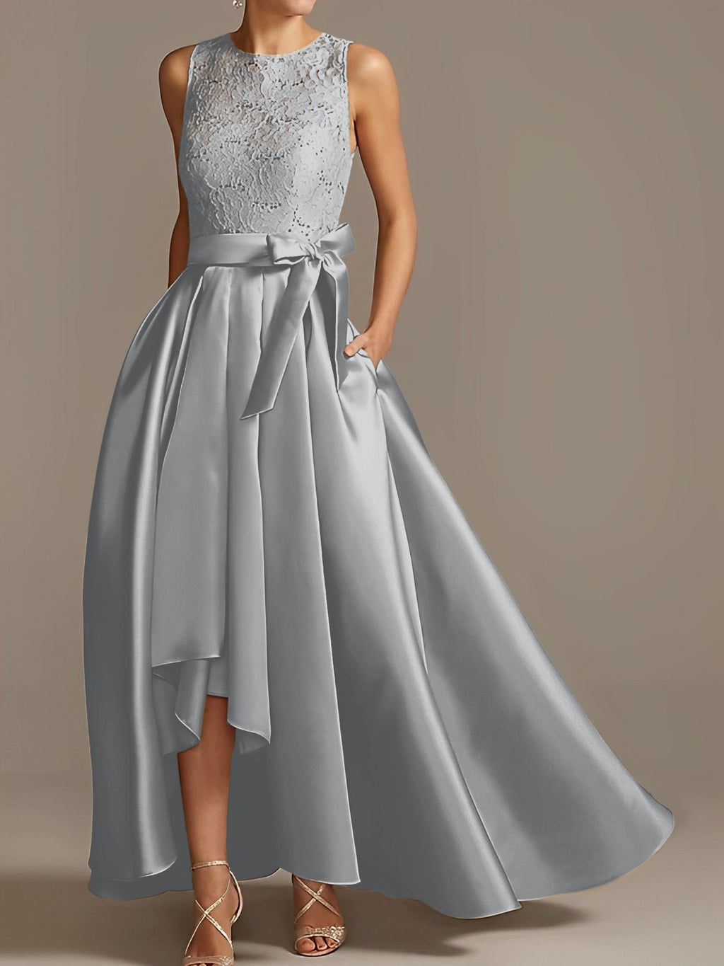 Asymmetrical A Line Sleeveless Mother Of The Bride Dress Jewel Neck Pleats