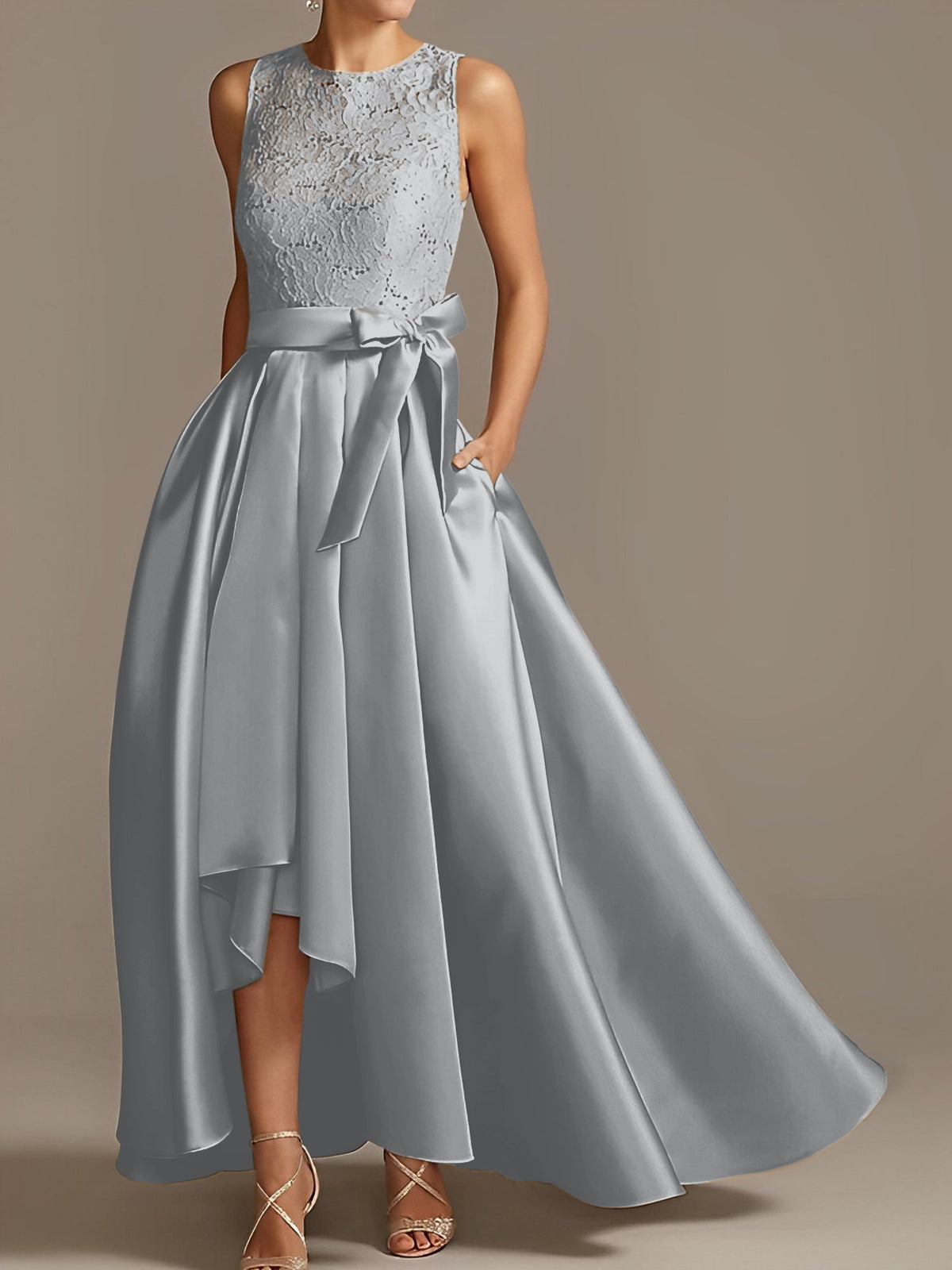 Asymmetrical A Line Sleeveless Mother Of The Bride Dress Jewel Neck Pleats