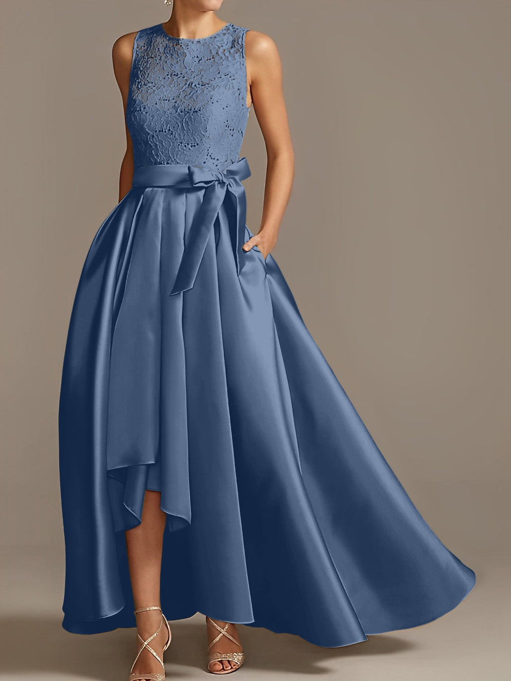 Asymmetrical A Line Sleeveless Mother Of The Bride Dress Jewel Neck Pleats