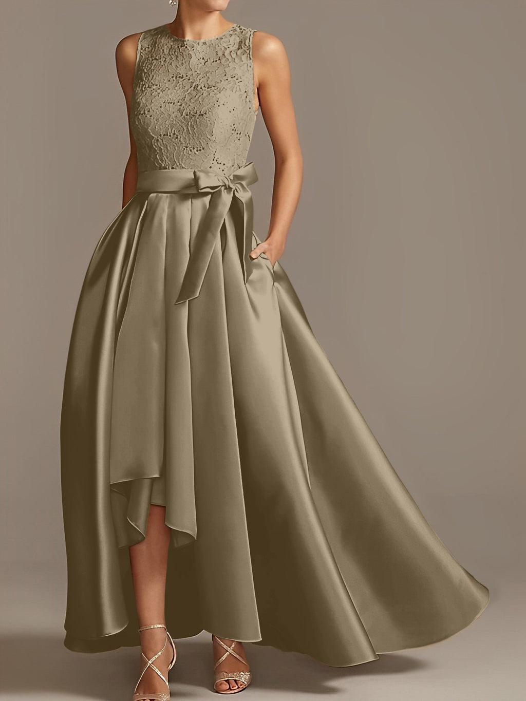 Asymmetrical A Line Sleeveless Mother Of The Bride Dress Jewel Neck Pleats