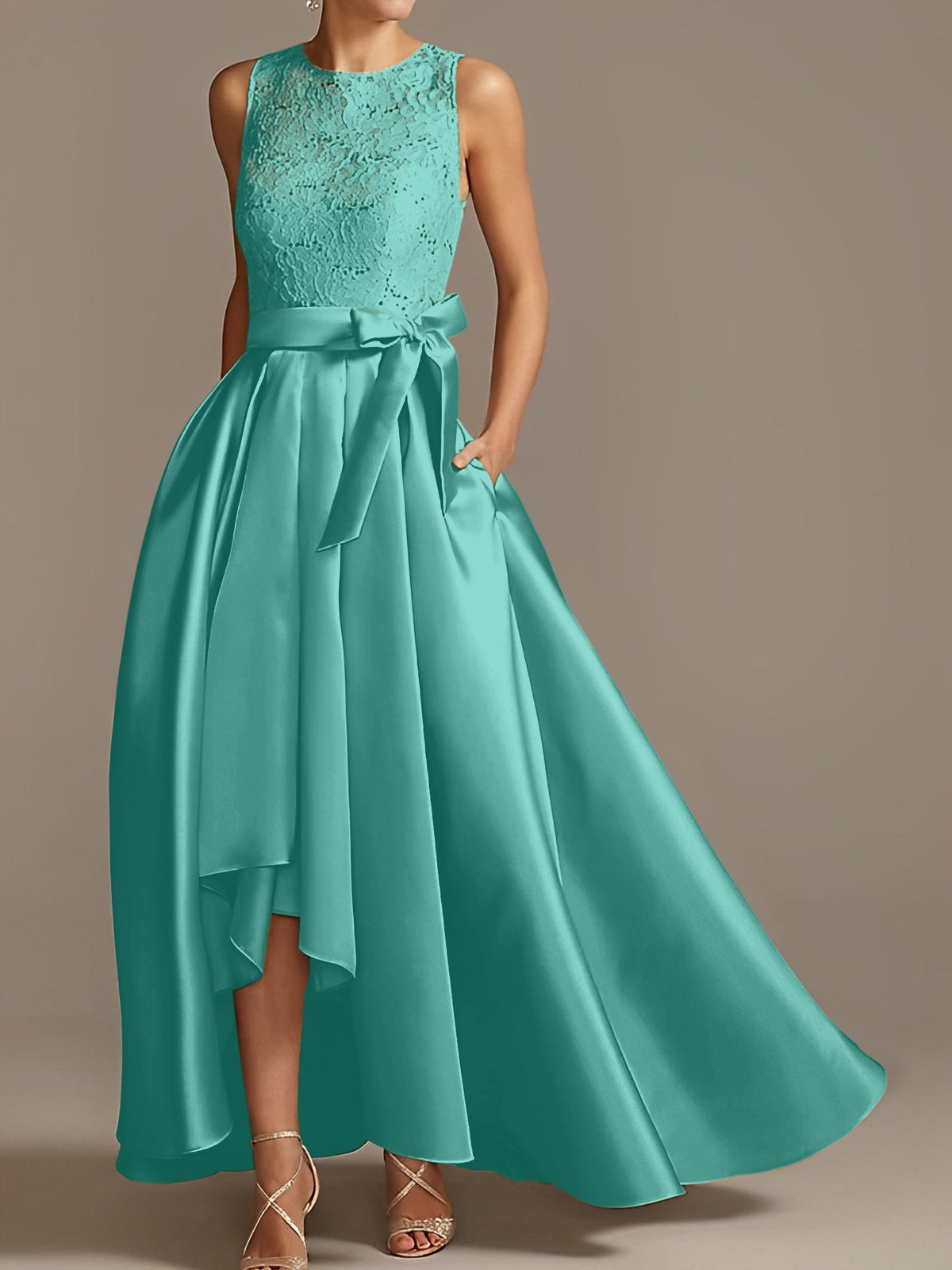 Asymmetrical A Line Sleeveless Mother Of The Bride Dress Jewel Neck Pleats