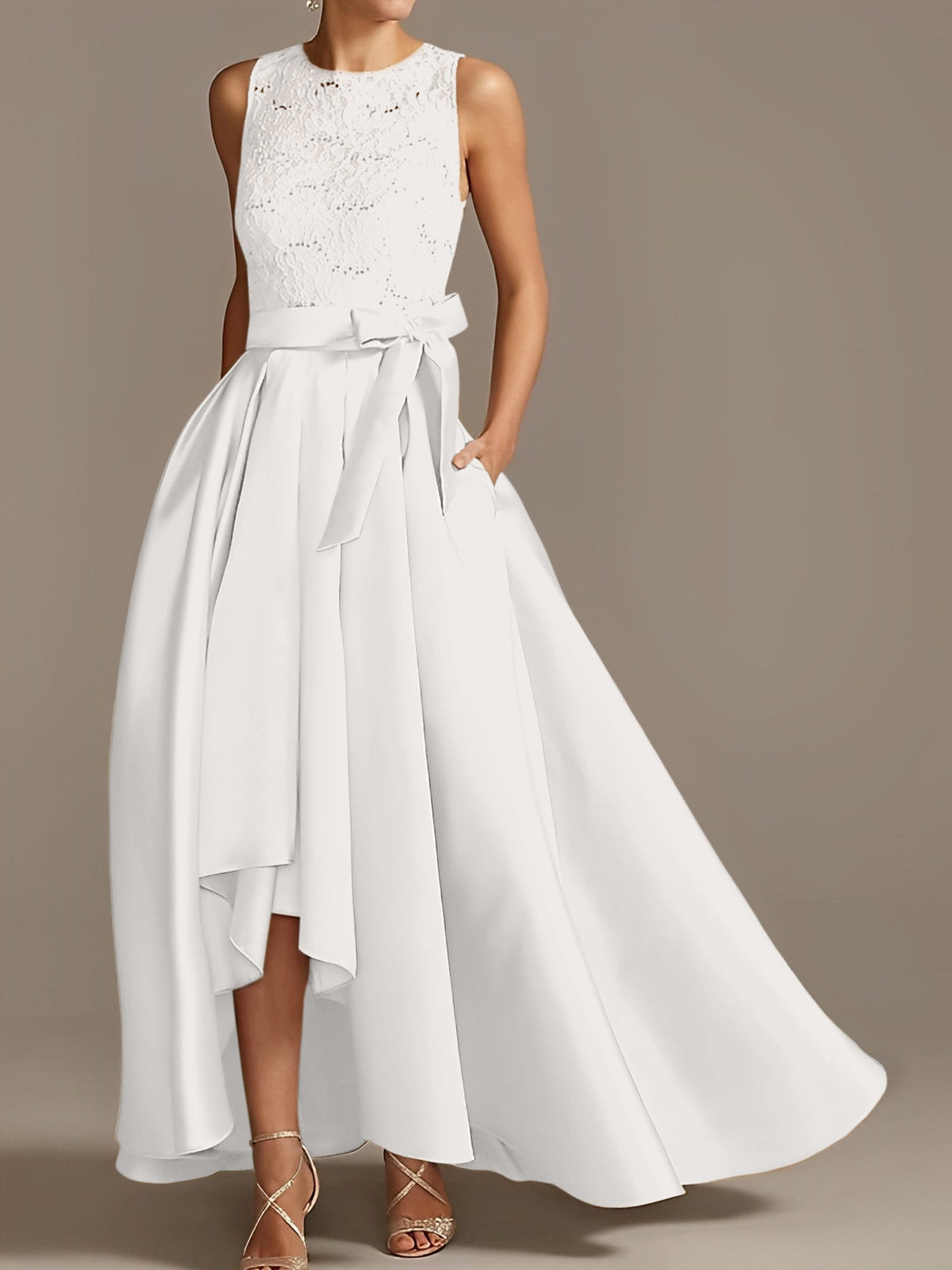 Asymmetrical A Line Sleeveless Mother Of The Bride Dress Jewel Neck Pleats