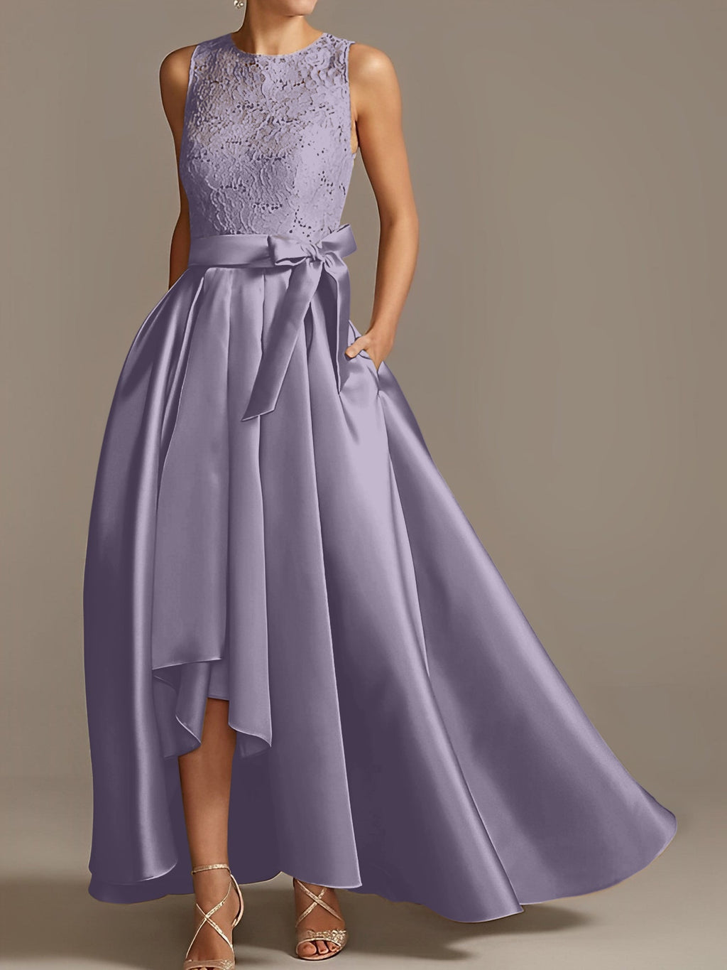 Asymmetrical A Line Sleeveless Mother Of The Bride Dress Jewel Neck Pleats