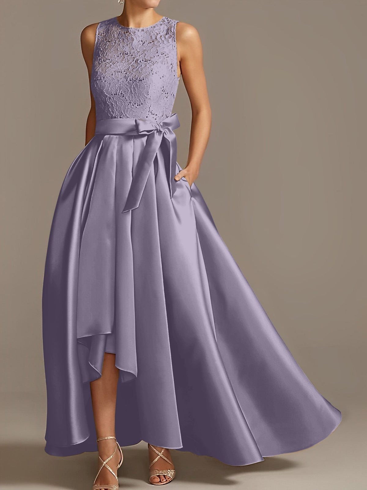 Asymmetrical A Line Sleeveless Mother Of The Bride Dress Jewel Neck Pleats