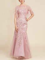 Floor-Length Mother of the Bride Lace Dresses with Trumpet/Mermaid Scoop Half Sleeves