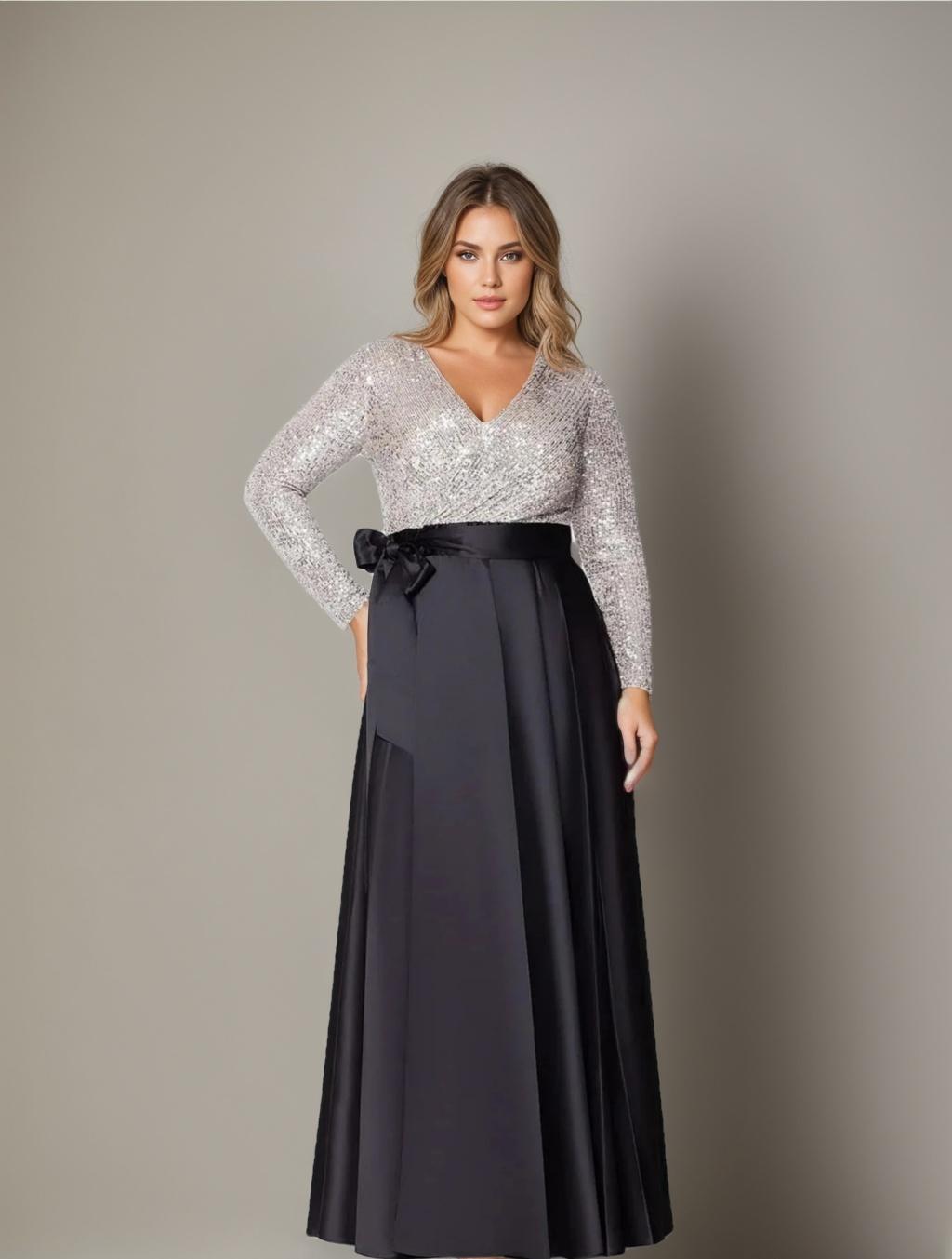 V-Neck A-Line Floor-Length Plus Size Mother Of Bride Dress With Pocket Sequins