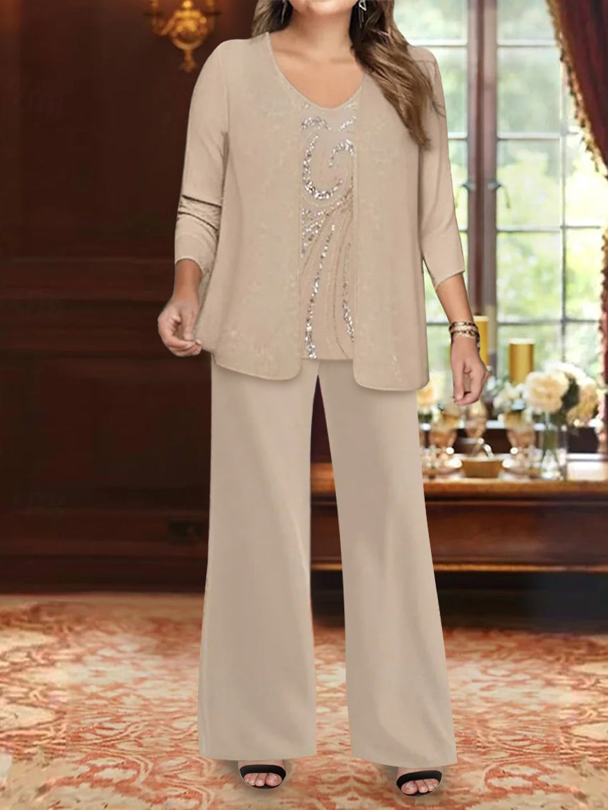 Fatos de chiffon com decote em V até ao chão, casaco e lantejoulas para a mãe da noiva