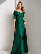 Vestido elegante para mãe da noiva com ombros descobertos e meia manga em estilo linha