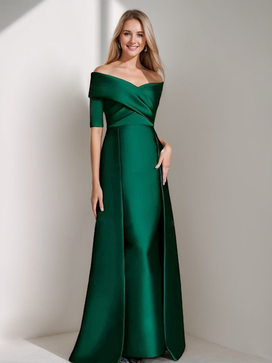 Vestido elegante para mãe da noiva com ombros descobertos e meia manga em estilo linha