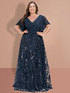 Plus Size V Neck Sequins A Line Floor Length Mother Of The Bride Dress