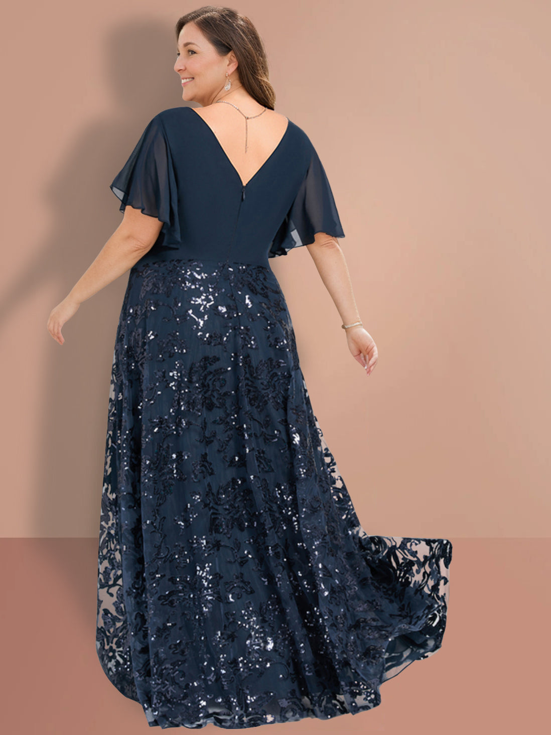 V Neck A Line Floor Length Mother Of The Bride Dress Sequined Short Sleeves