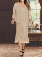 Plus Size V Neck Mother Of Bride Dress Set With Jacket Sequins Knee Length