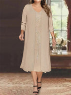 Plus Size Mother Of The Bride Dress With Jacket And Sequins V Neck Tea Length