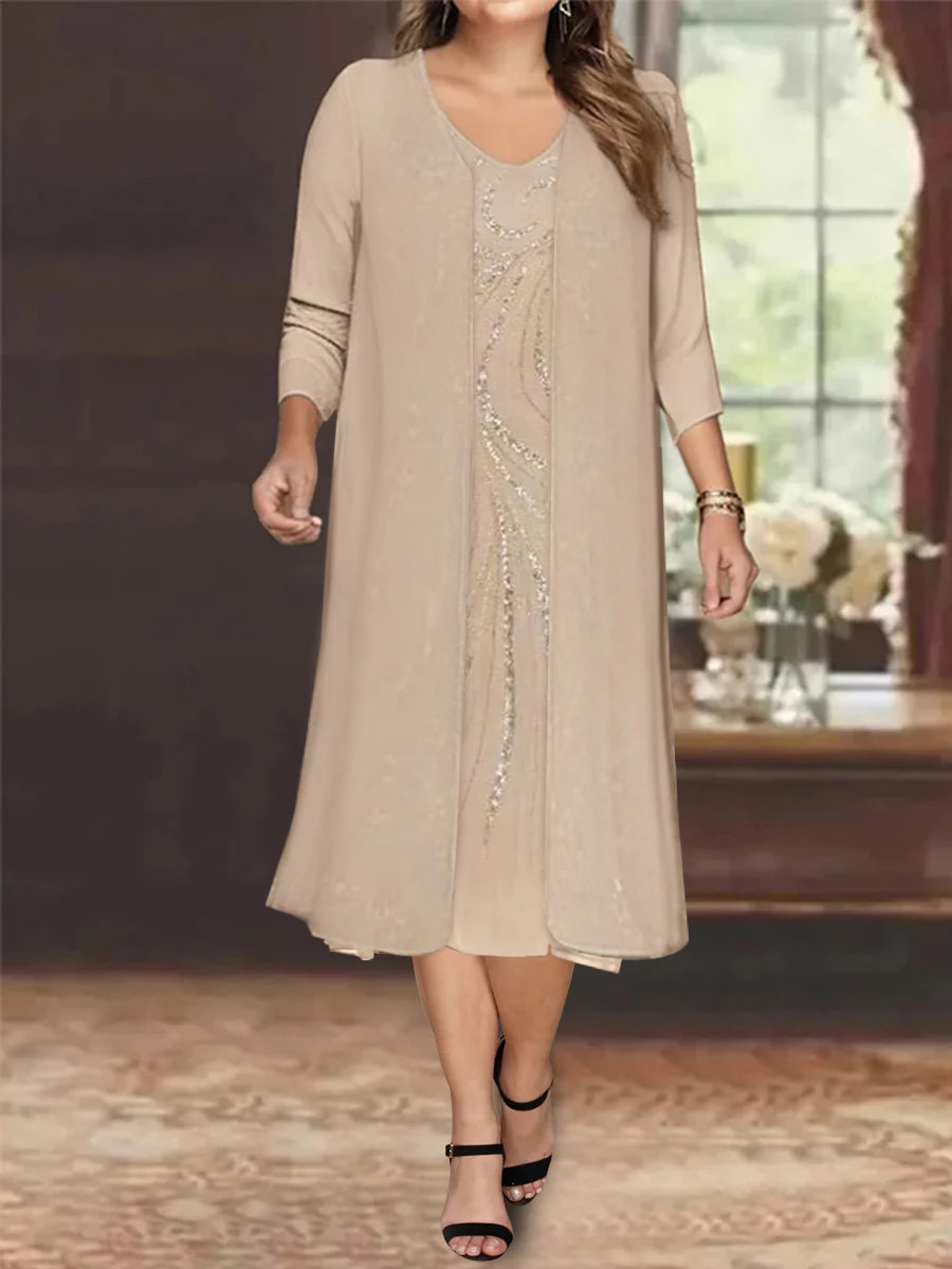 V-Neck Long-Sleeve Tea-Length Mother of the Bride Dress with Jacket and Sequins