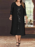 Plus Size Mother Of The Bride Dress With Jacket And Sequins V Neck Tea Length