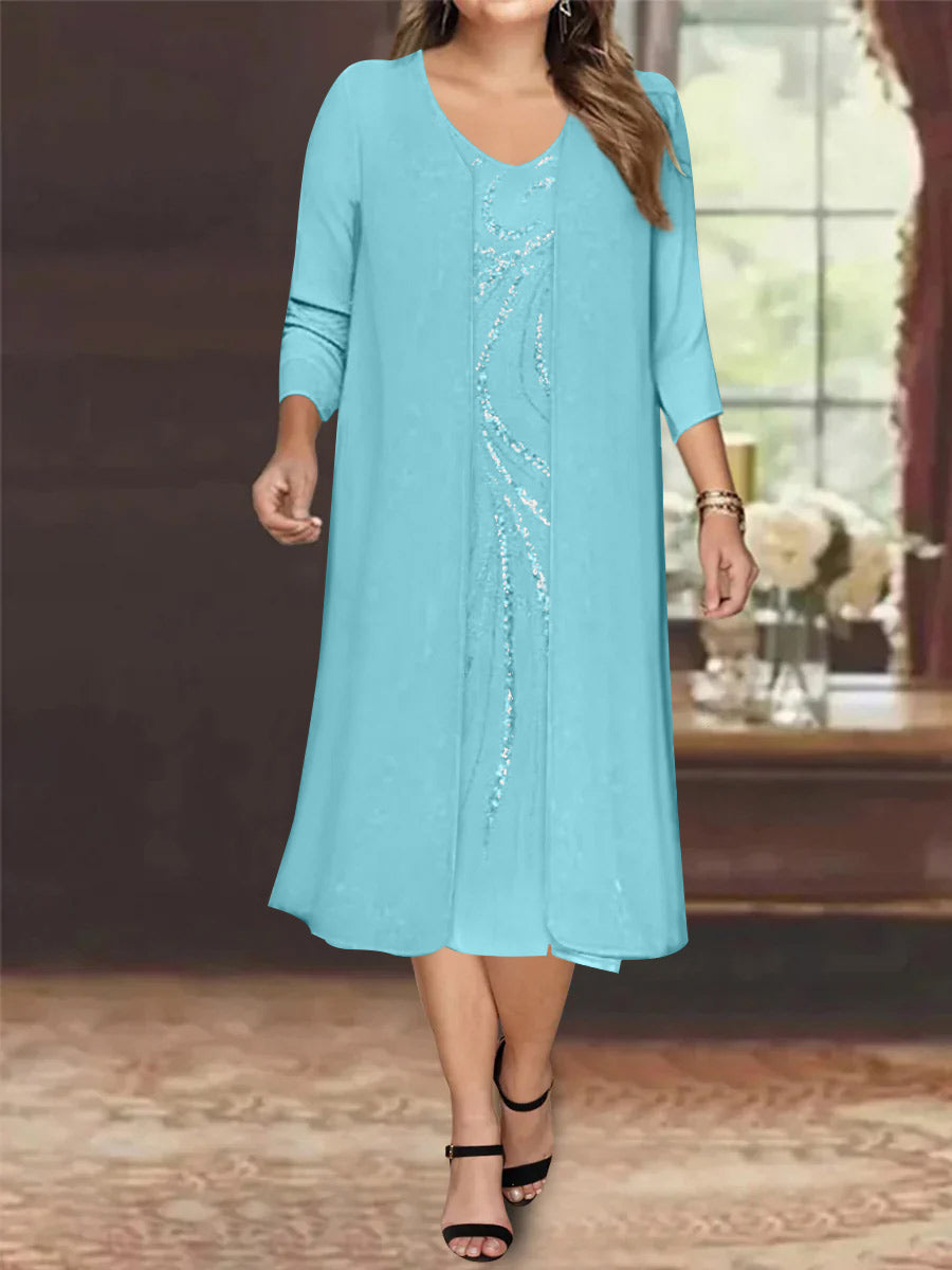Plus Size Mother Of The Bride Dress With Jacket And Sequins V Neck Tea Length