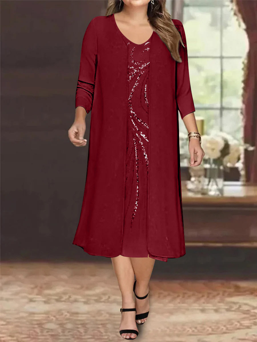Plus Size Mother Of The Bride Dress With Jacket And Sequins V Neck Tea Length