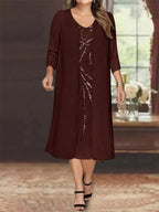 Plus Size Mother Of The Bride Dress With Jacket And Sequins V Neck Tea Length