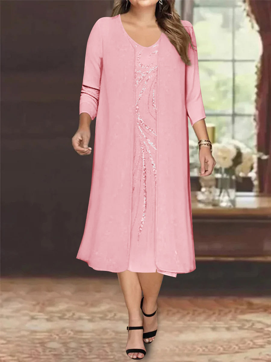 Plus Size Mother Of The Bride Dress With Jacket And Sequins V Neck Tea Length