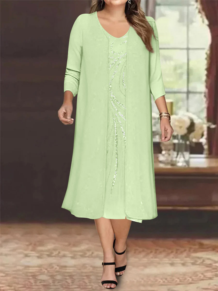 Plus Size Mother Of The Bride Dress With Jacket And Sequins V Neck Tea Length