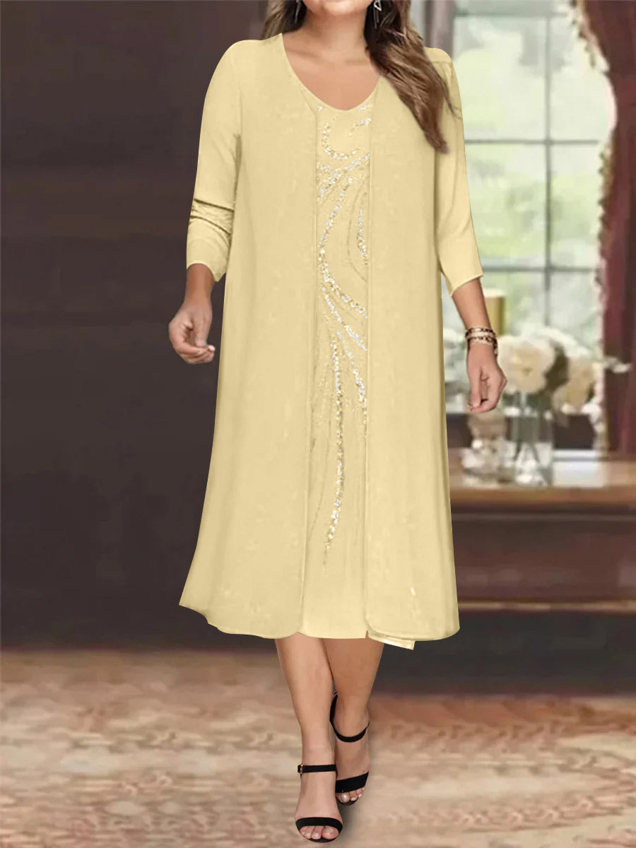 Plus Size Mother Of The Bride Dress With Jacket And Sequins V Neck Tea Length
