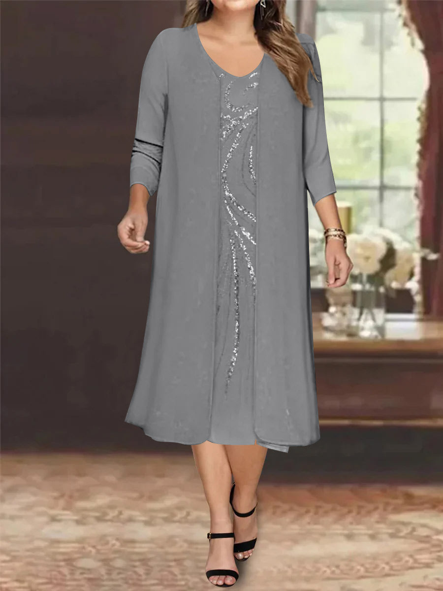 Plus Size Mother Of The Bride Dress With Jacket And Sequins V Neck Tea Length