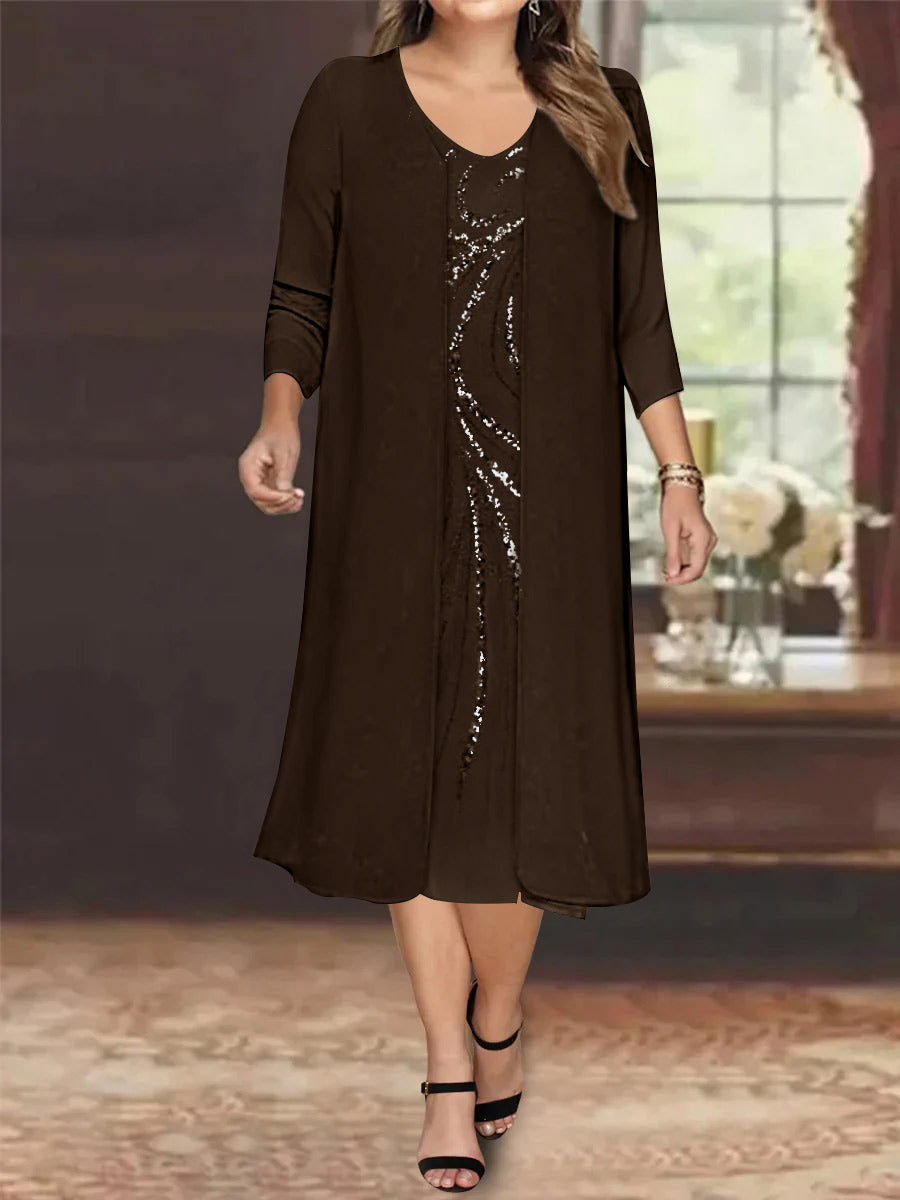 Plus Size Mother Of The Bride Dress With Jacket And Sequins V Neck Tea Length