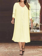 Plus Size Mother Of The Bride Dress With Jacket And Sequins V Neck Tea Length