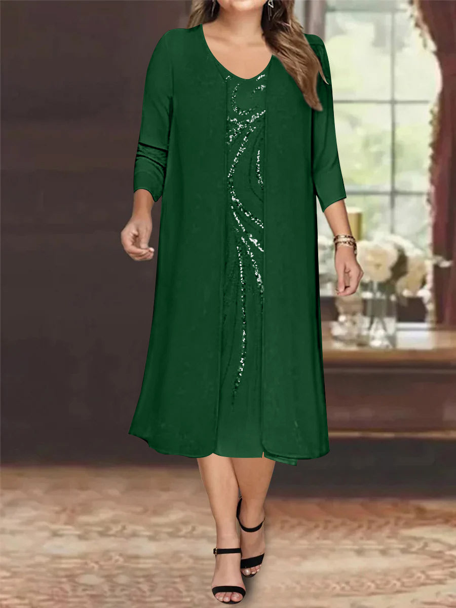 Plus Size Mother Of The Bride Dress With Jacket And Sequins V Neck Tea Length
