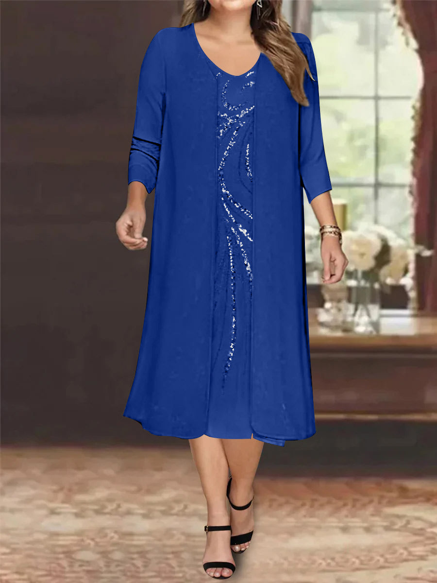 Plus Size Mother Of The Bride Dress With Jacket And Sequins V Neck Tea Length