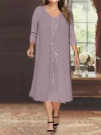 Plus Size Mother Of The Bride Dress With Jacket And Sequins V Neck Tea Length