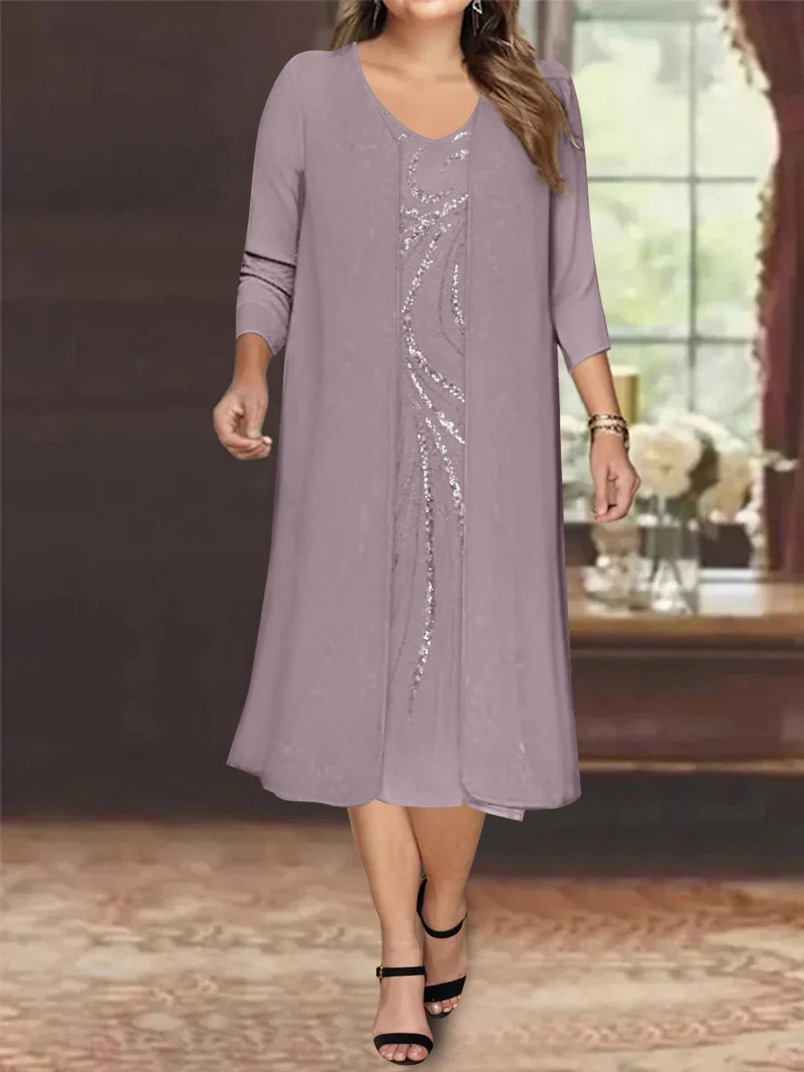 Plus Size Mother Of The Bride Dress With Jacket And Sequins V Neck Tea Length