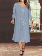 Plus Size Mother Of The Bride Dress With Jacket And Sequins V Neck Tea Length