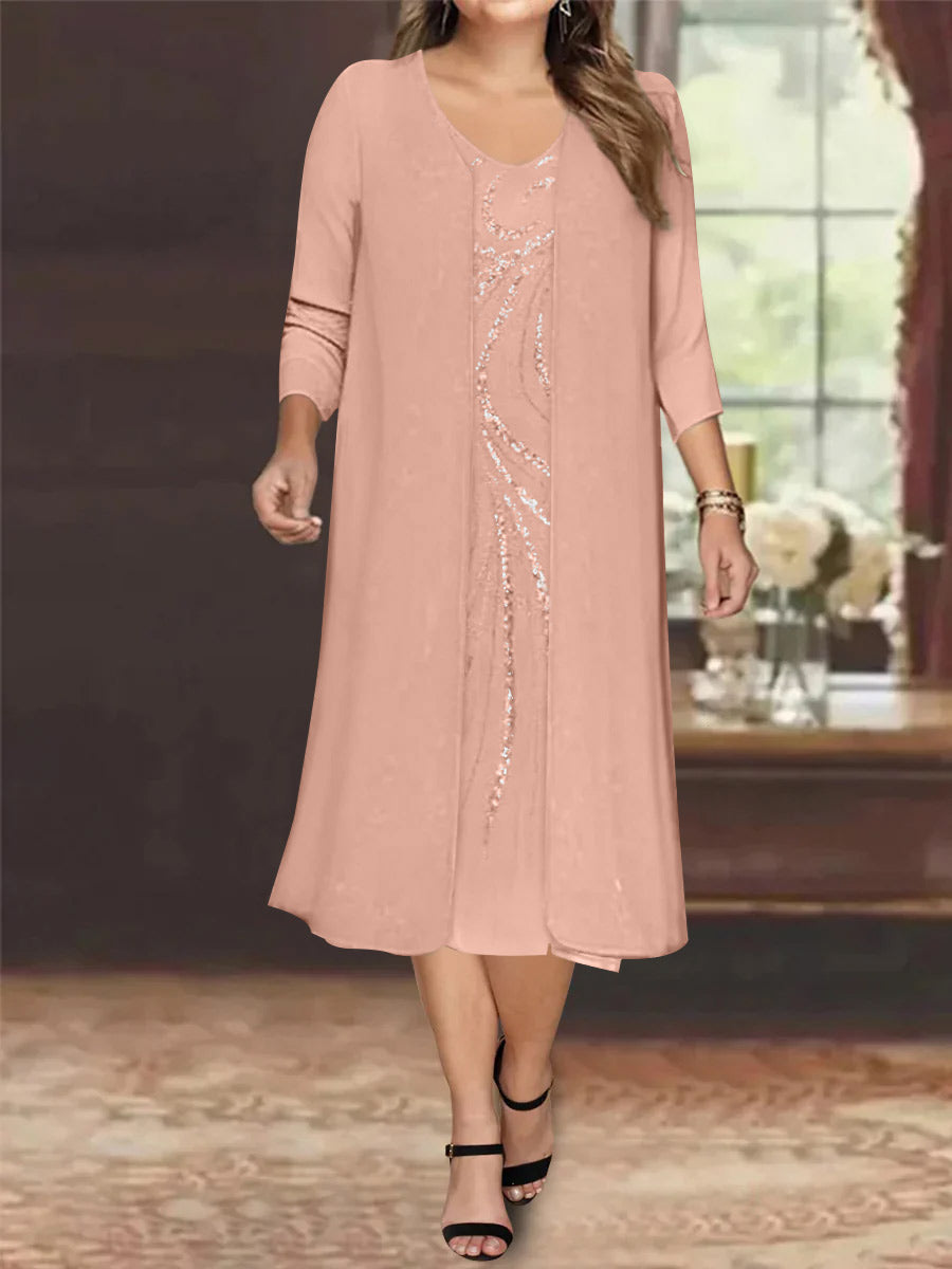 Plus Size Mother Of The Bride Dress With Jacket And Sequins V Neck Tea Length