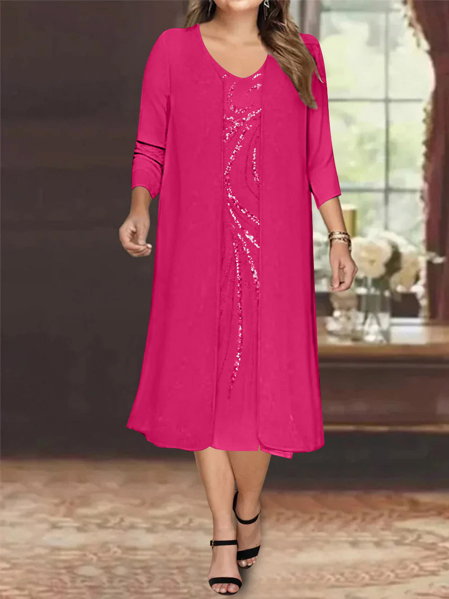 Plus Size Mother Of The Bride Dress With Jacket And Sequins V Neck Tea Length