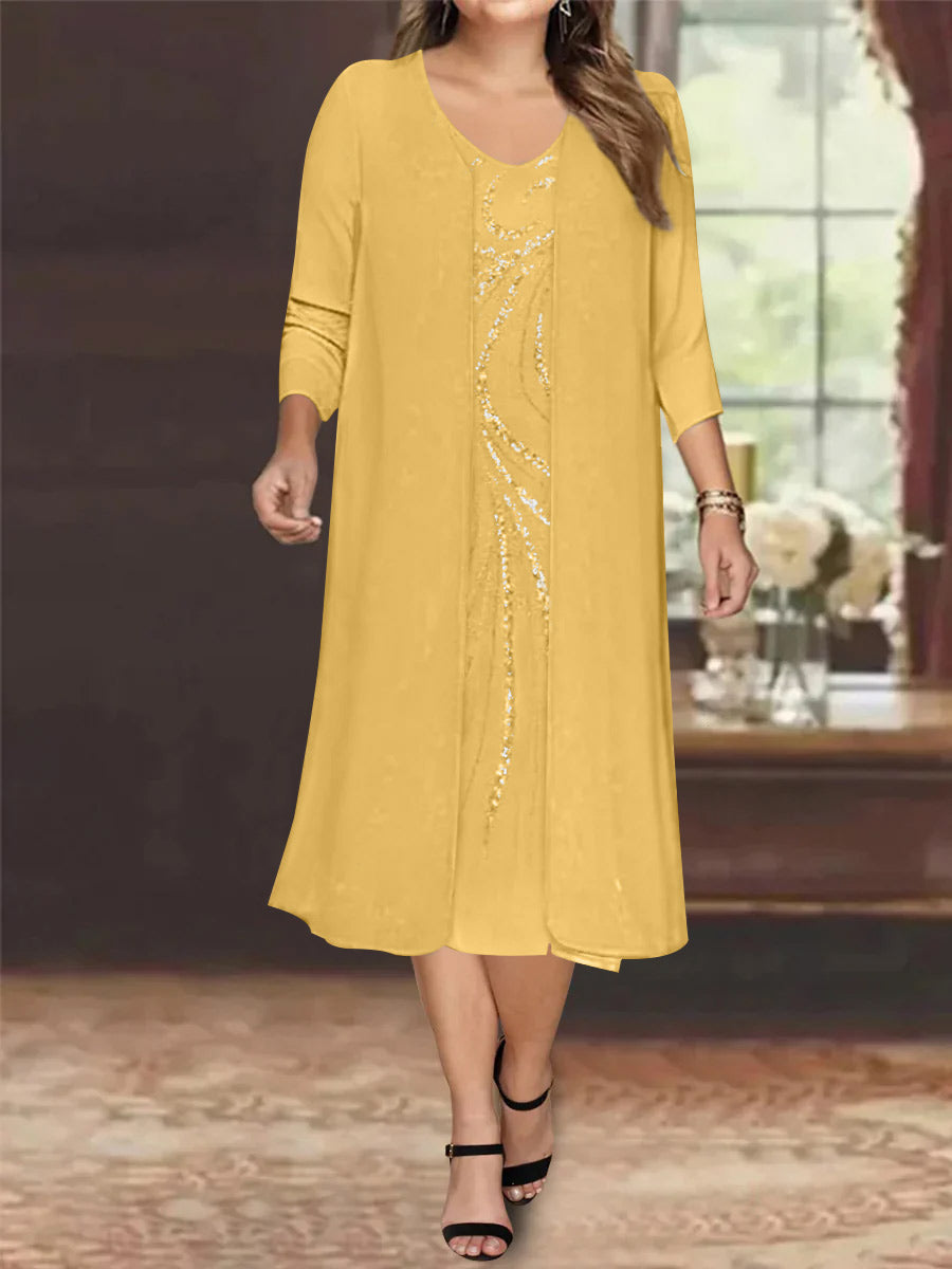 Plus Size Mother Of The Bride Dress With Jacket And Sequins V Neck Tea Length
