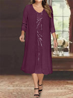 Plus Size Mother Of The Bride Dress With Jacket And Sequins V Neck Tea Length