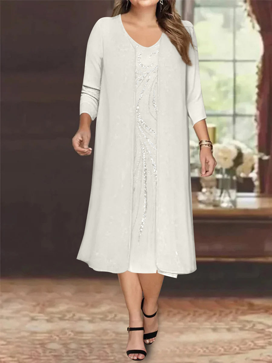 Plus Size Mother Of The Bride Dress With Jacket And Sequins V Neck Tea Length