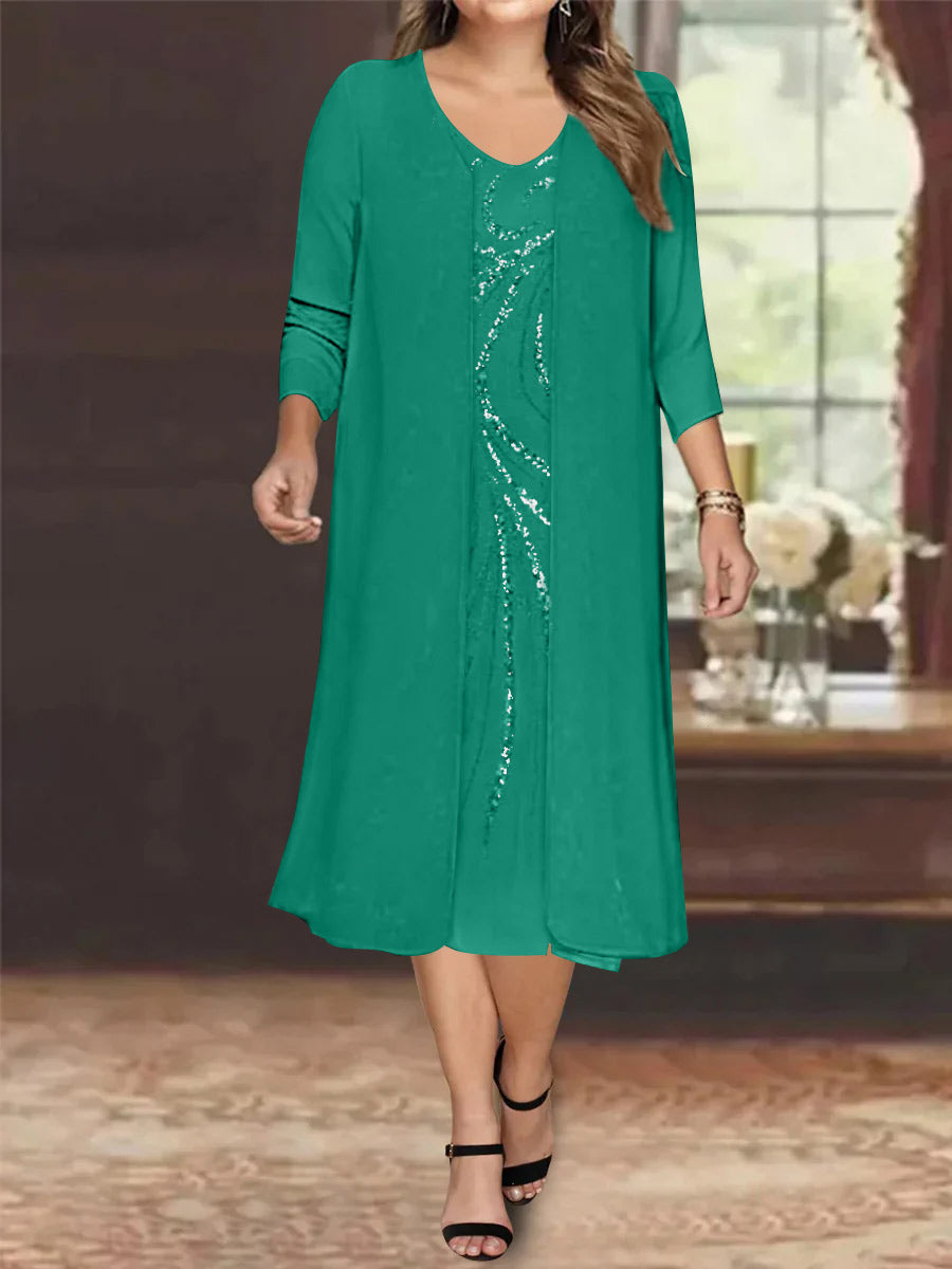 Plus Size Mother Of The Bride Dress With Jacket And Sequins V Neck Tea Length