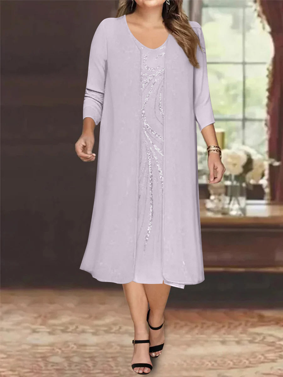 Plus Size Mother Of The Bride Dress With Jacket And Sequins V Neck Tea Length