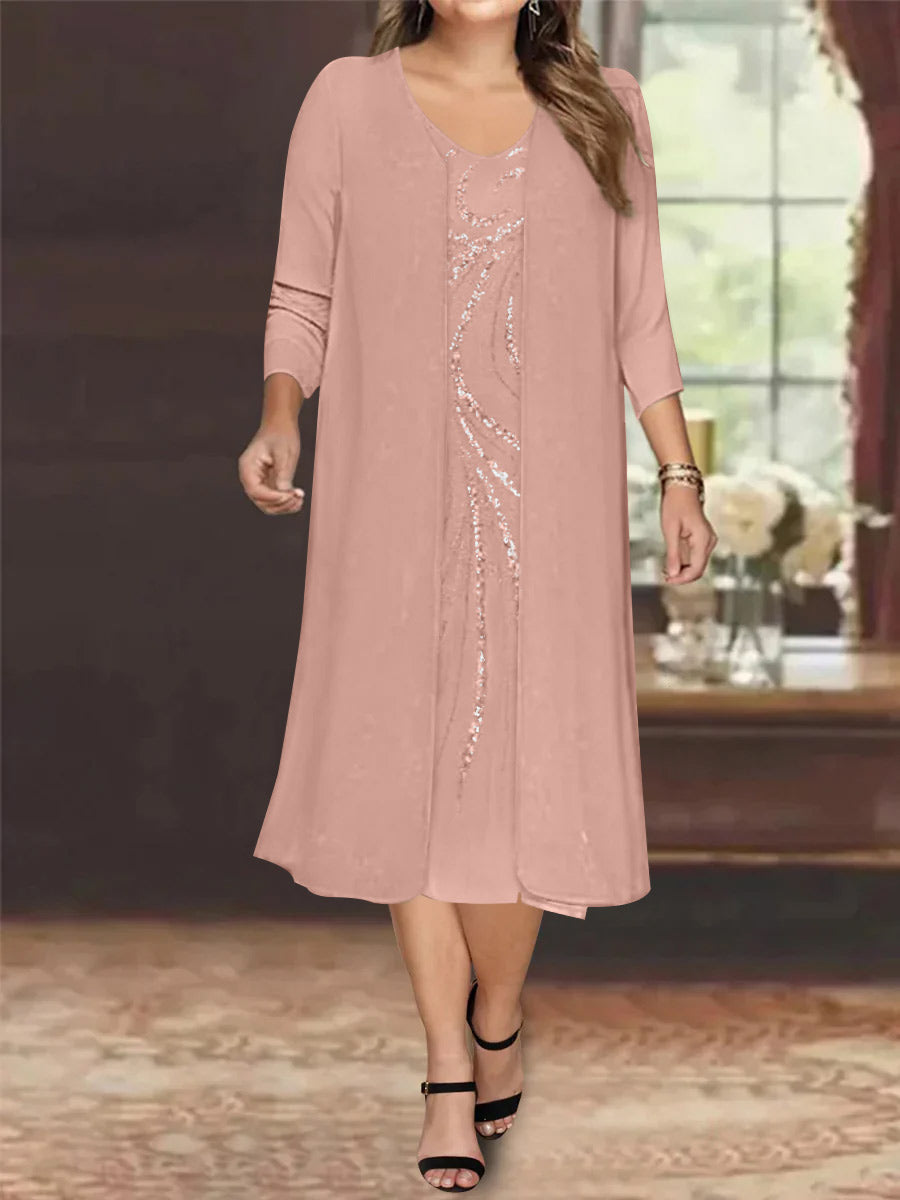 Plus Size Mother Of The Bride Dress With Jacket And Sequins V Neck Tea Length
