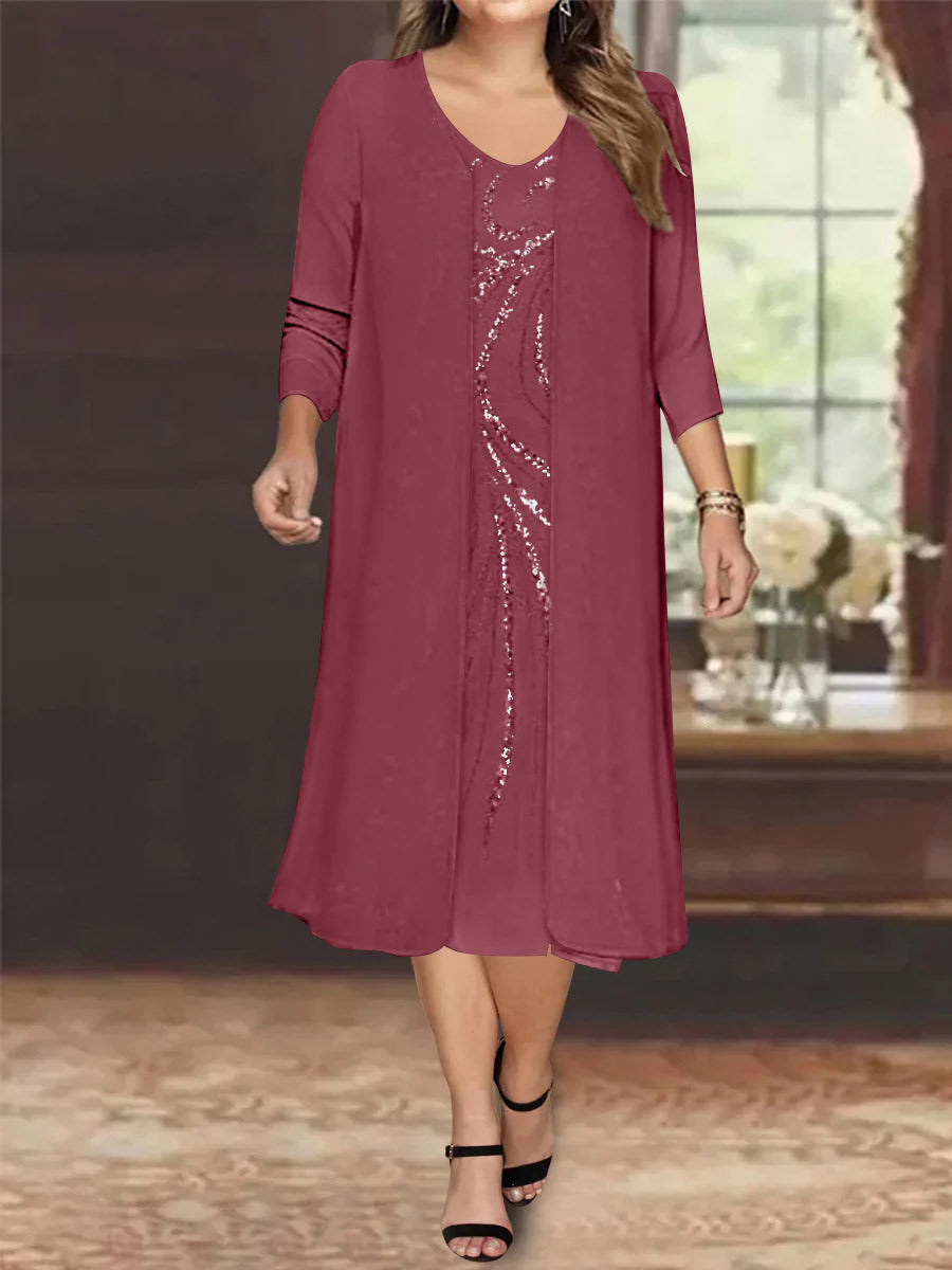 Plus Size Mother Of The Bride Dress With Jacket And Sequins V Neck Tea Length