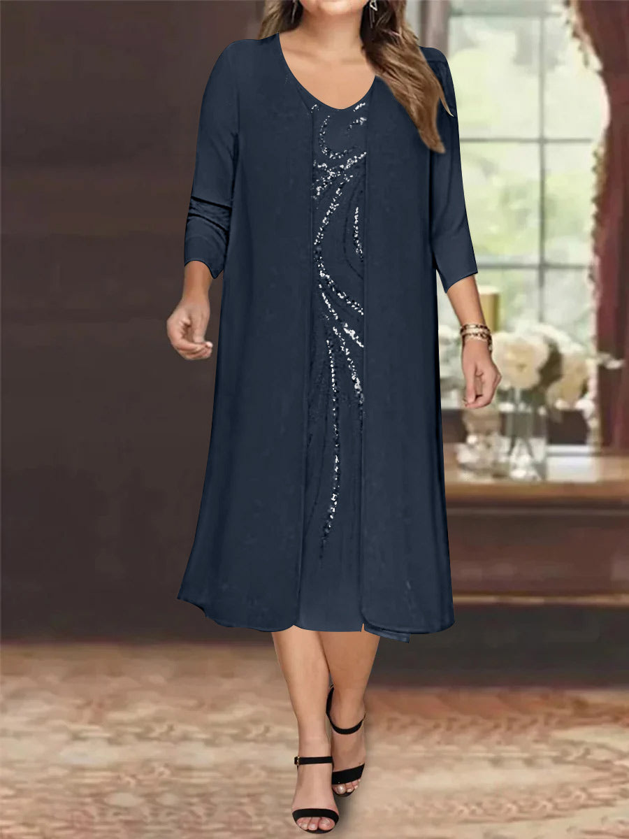 Plus Size Mother Of The Bride Dress With Jacket And Sequins V Neck Tea Length