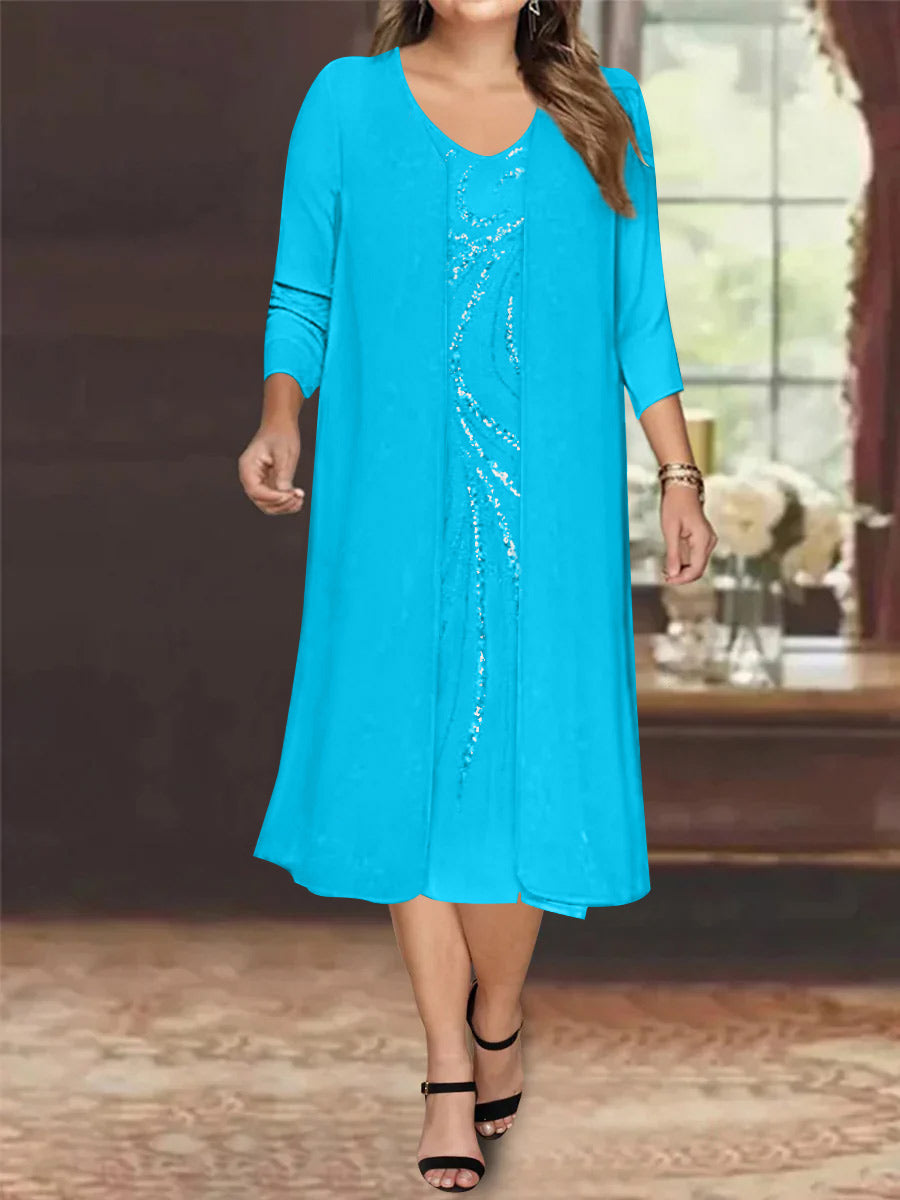 Plus Size Mother Of The Bride Dress With Jacket And Sequins V Neck Tea Length