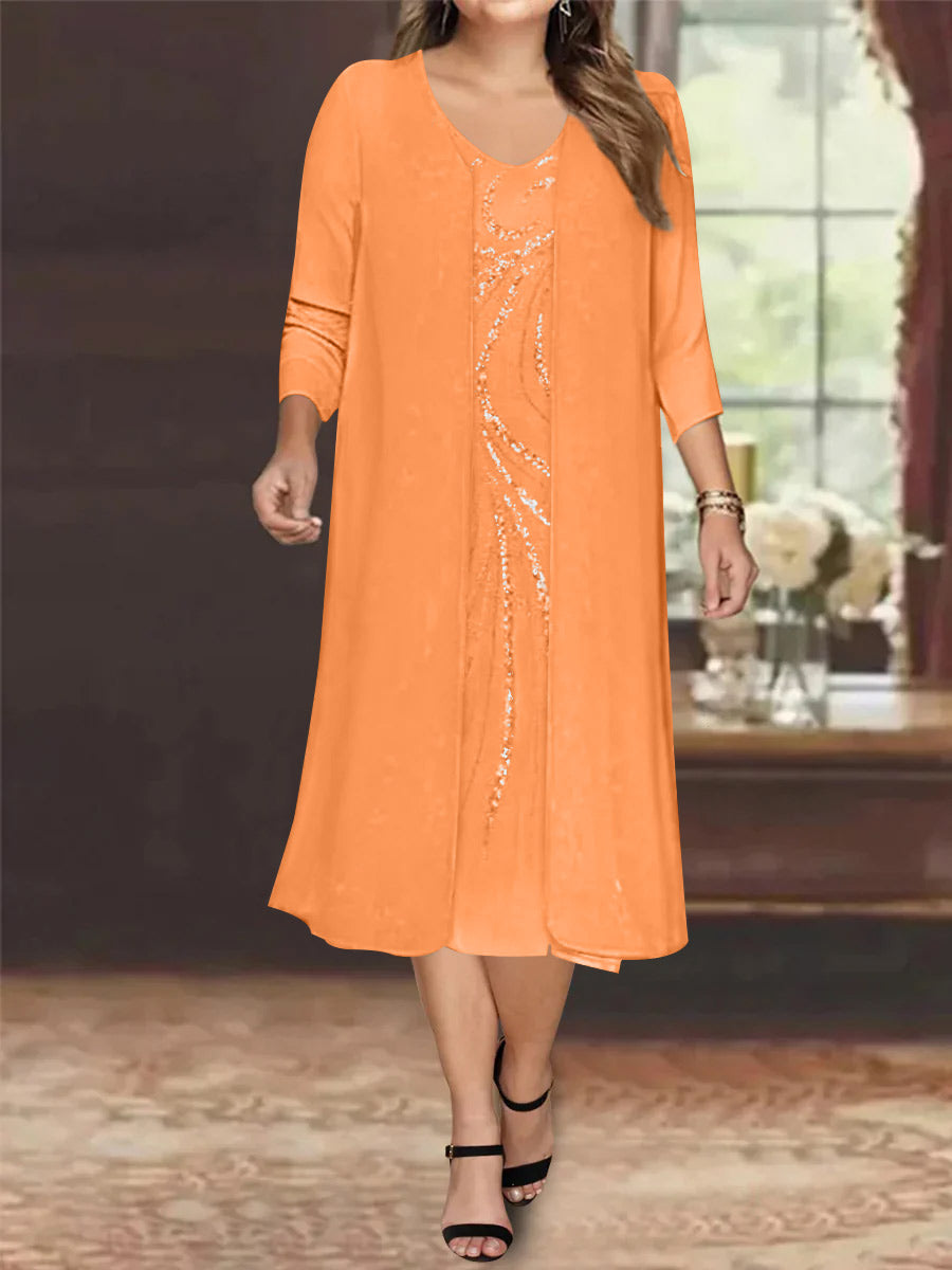Plus Size Mother Of The Bride Dress With Jacket And Sequins V Neck Tea Length